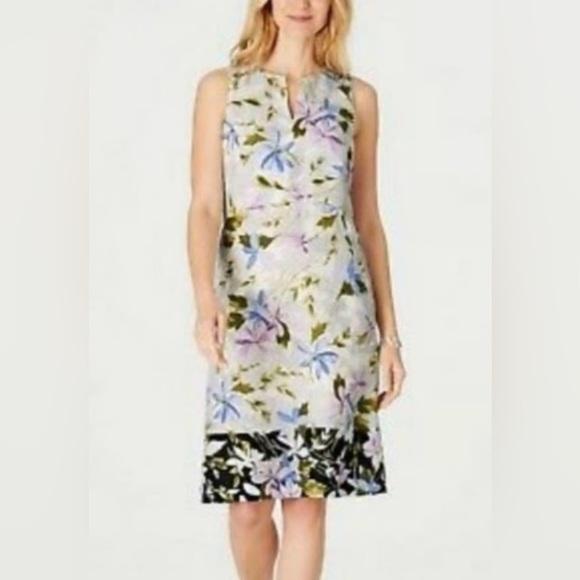 J. Jill Dresses & Skirts - J Jill NWT Sleeveless 100% Linen Floral 4X 
Pockets Pastel Split Neck Dress